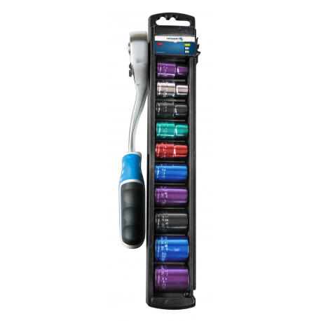 HOEGERT Color coded sockets set with ratchet handle 1/2", CrV steel, 72T, 10 pcs