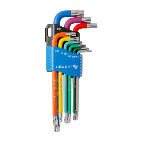 9-piece Torx keys set, long arm, colour coded