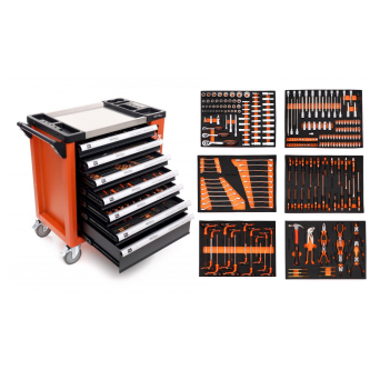 KD1067 Įrankių vežimėlis 7 stalčių su 258 įrankiais, su šonine spinta